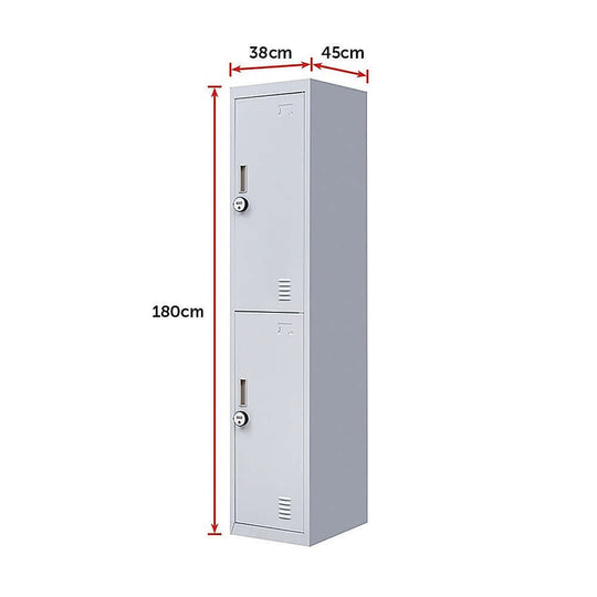 2-door vertical locker dimensions: 180cm height, 38cm width, 45cm depth, ideal for affordable secure storage.