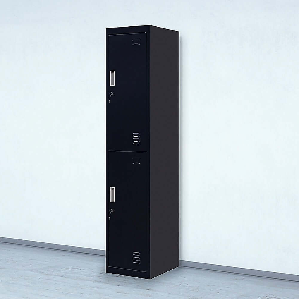 Black 2-door vertical locker for affordable and secure storage in office, gym, shed, or school.