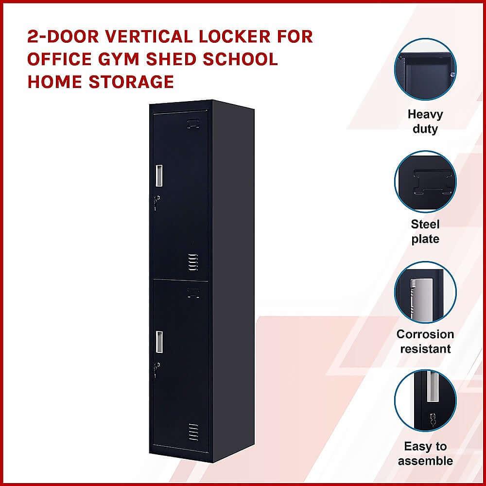 2-door vertical locker for office, gym, shed, or school; durable, affordable storage solution, easy to assemble.