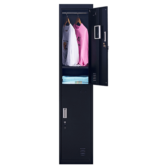 Affordable 2-door vertical locker with clothes and towels, ideal for gym, school, or home storage, featuring quality steel construction.