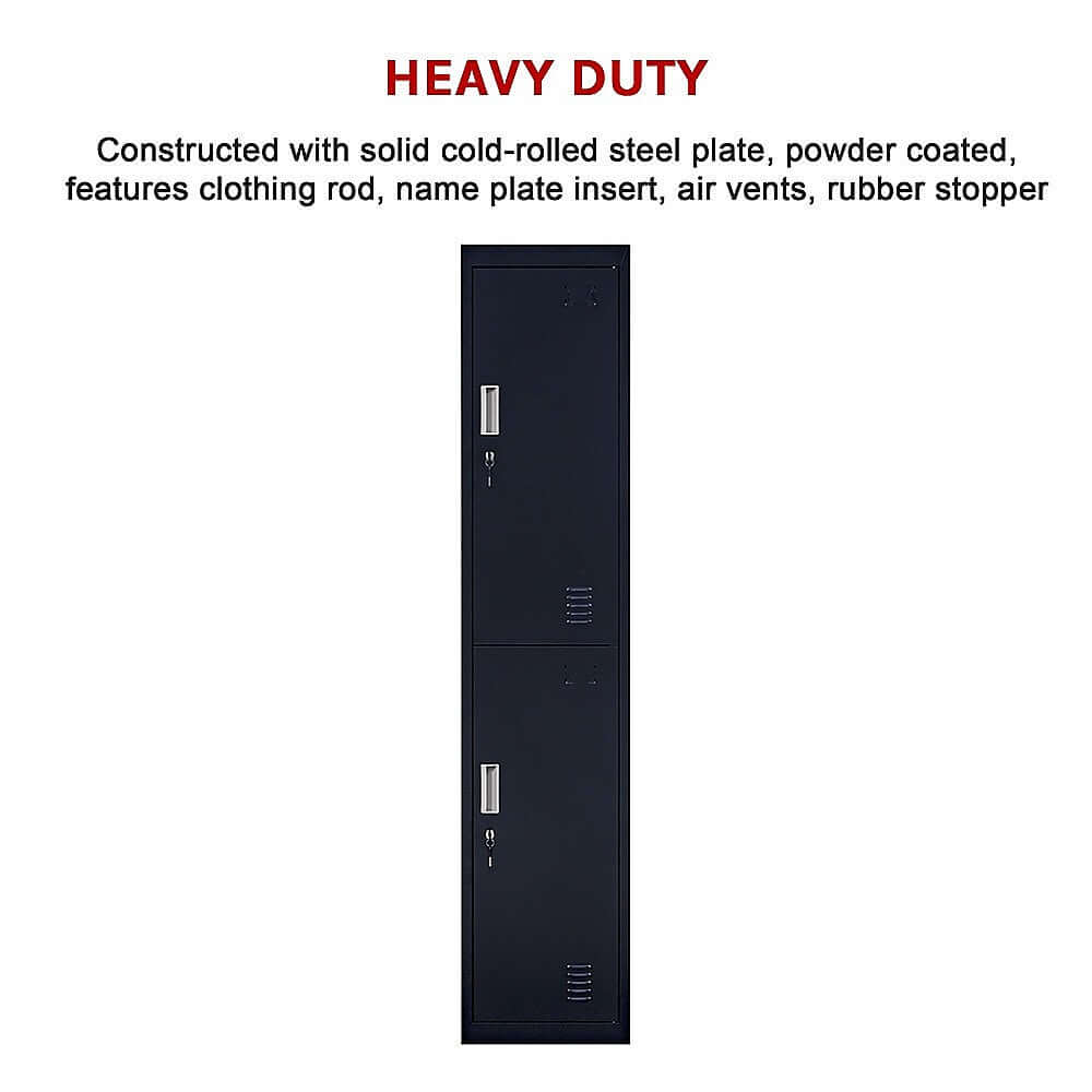 Heavy-duty 2-door vertical locker made from solid cold-rolled steel, featuring air vents and clothing rod for secure storage.