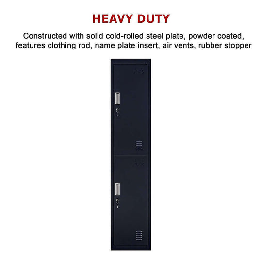 Heavy-duty 2-door vertical locker made from solid cold-rolled steel, featuring air vents and clothing rod for secure storage.