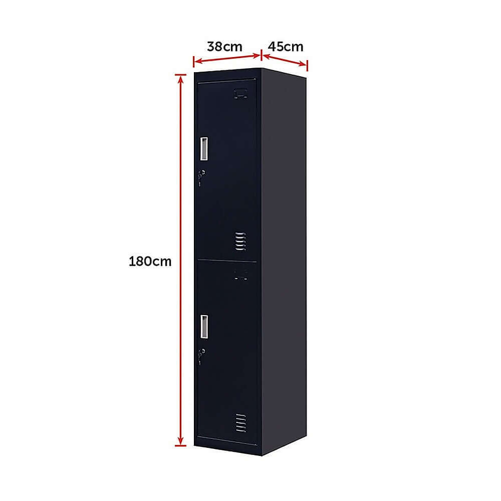 Tall black 2-door vertical locker, dimensions 38cm x 45cm x 180cm, ideal for secure storage in offices and schools.