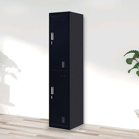 Affordable steel 2-door vertical locker for home, school, or office storage in elegant black finish.