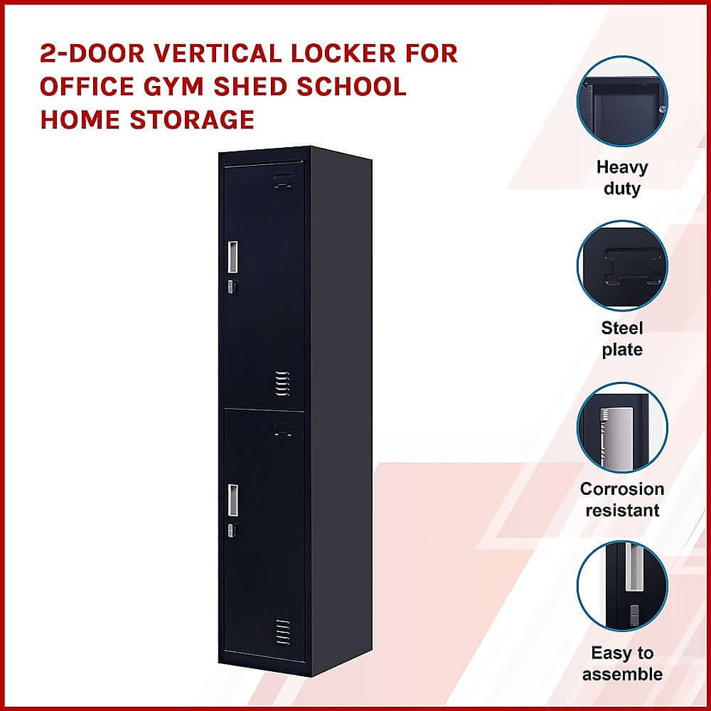 2-Door vertical locker for secure storage in office, gym, school, and home; heavy duty, corrosion resistant, easy to assemble.