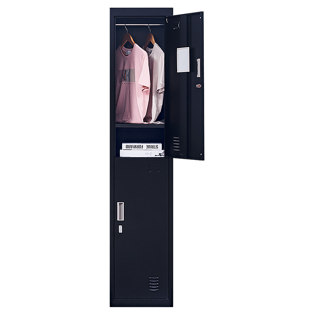 Affordable 2-door vertical locker with clothes and books, ideal for office, gym, home, or school storage.