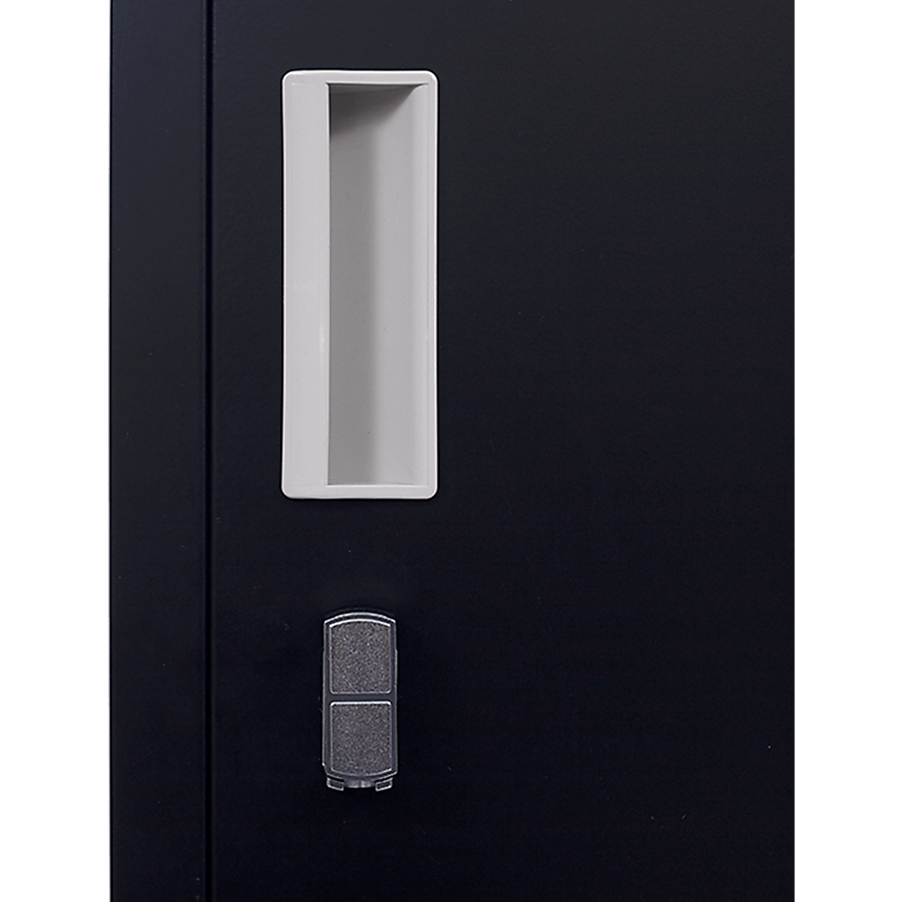 Close-up of a secure black locker door featuring a keyhole and label holder, perfect for office or gym storage.