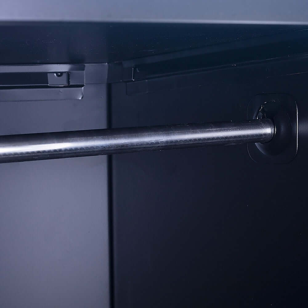 Interior view of a 2-door vertical locker showing sturdy metal rod for secure storage solutions.