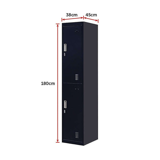 2-door vertical locker in sleek black, measuring 180cm high, 38cm wide, and 45cm deep, ideal for secure storage.