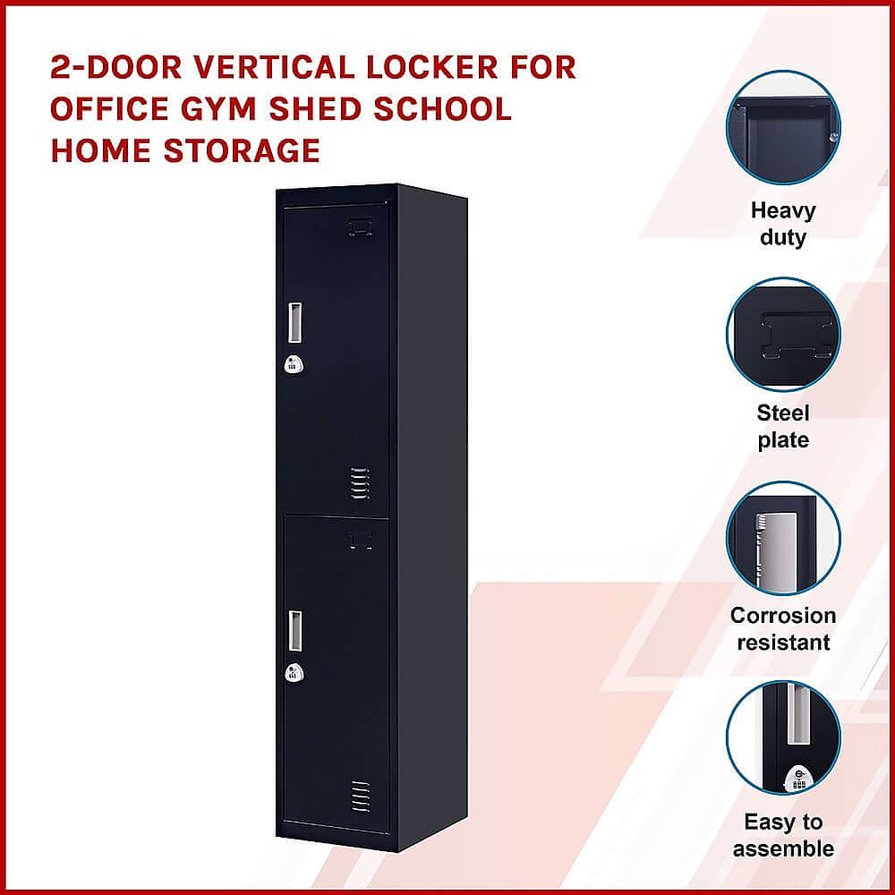 2-door vertical locker for home, school, gym or office storage, heavy duty steel, corrosion resistant, easy to assemble.