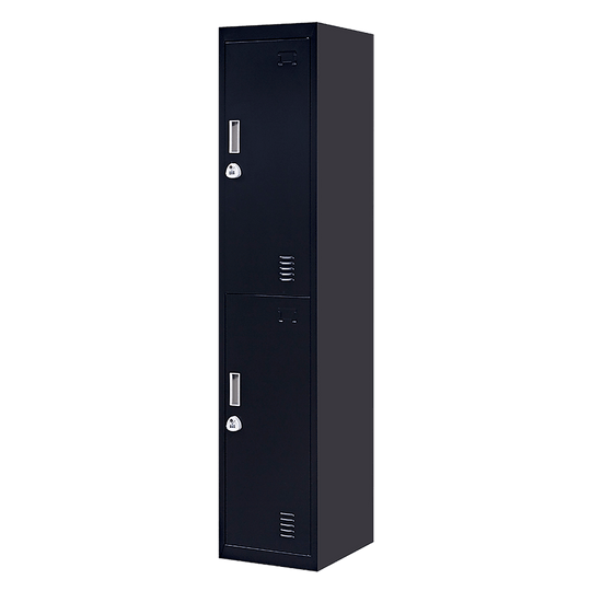 2-door vertical locker in black for secure storage in office, gym, shed, school, and home; affordable and durable quality solution.