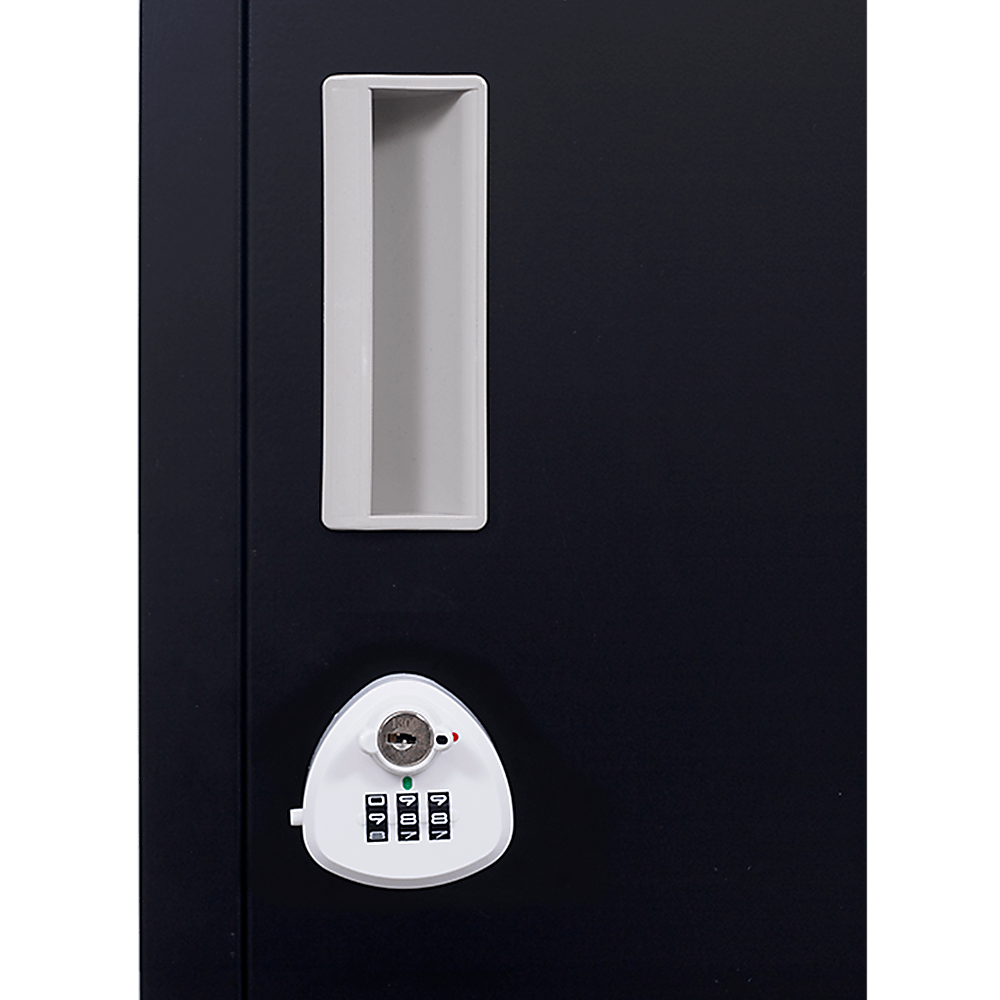 Secure locking mechanism for 2-door vertical storage locker, featuring a keypad and traditional key entry.