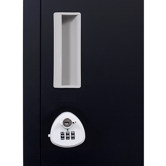 Secure locking mechanism for 2-door vertical storage locker, featuring a keypad and traditional key entry.