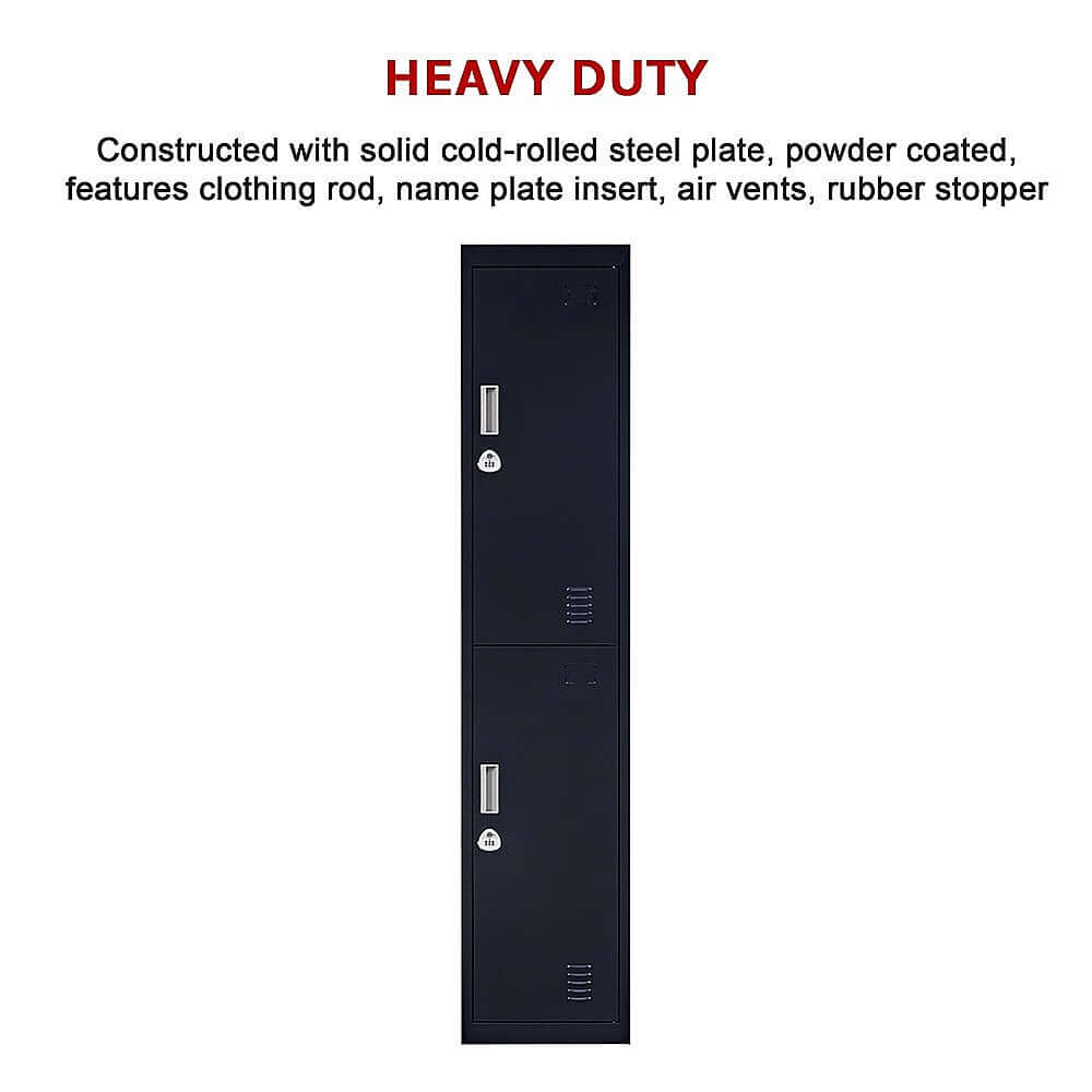 Heavy-duty 2-door vertical locker, made of solid cold-rolled steel, perfect for secure storage in home, gym, or school.