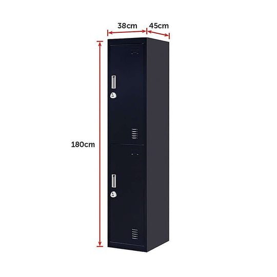 2-door vertical locker dimensions: 180cm height, 38cm width, 45cm depth. Affordable all-steel storage for home, school, or office.