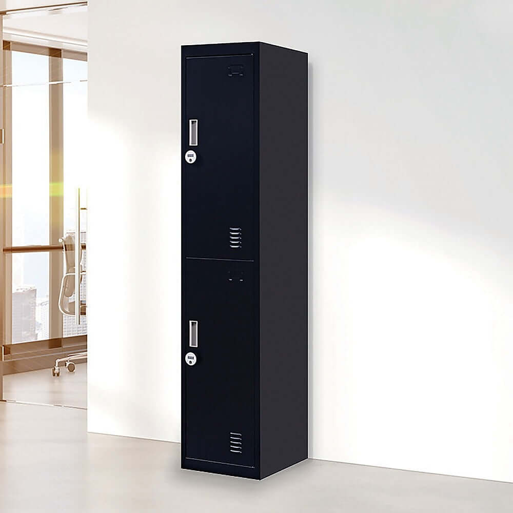 2-door black vertical locker for secure storage in office, gym, school, or home; affordable steel construction.