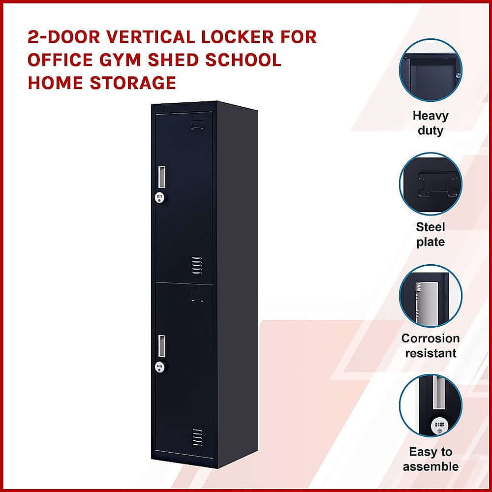 2-door vertical locker for secure storage at office, gym, school, home; heavy-duty steel construction, corrosion resistant.