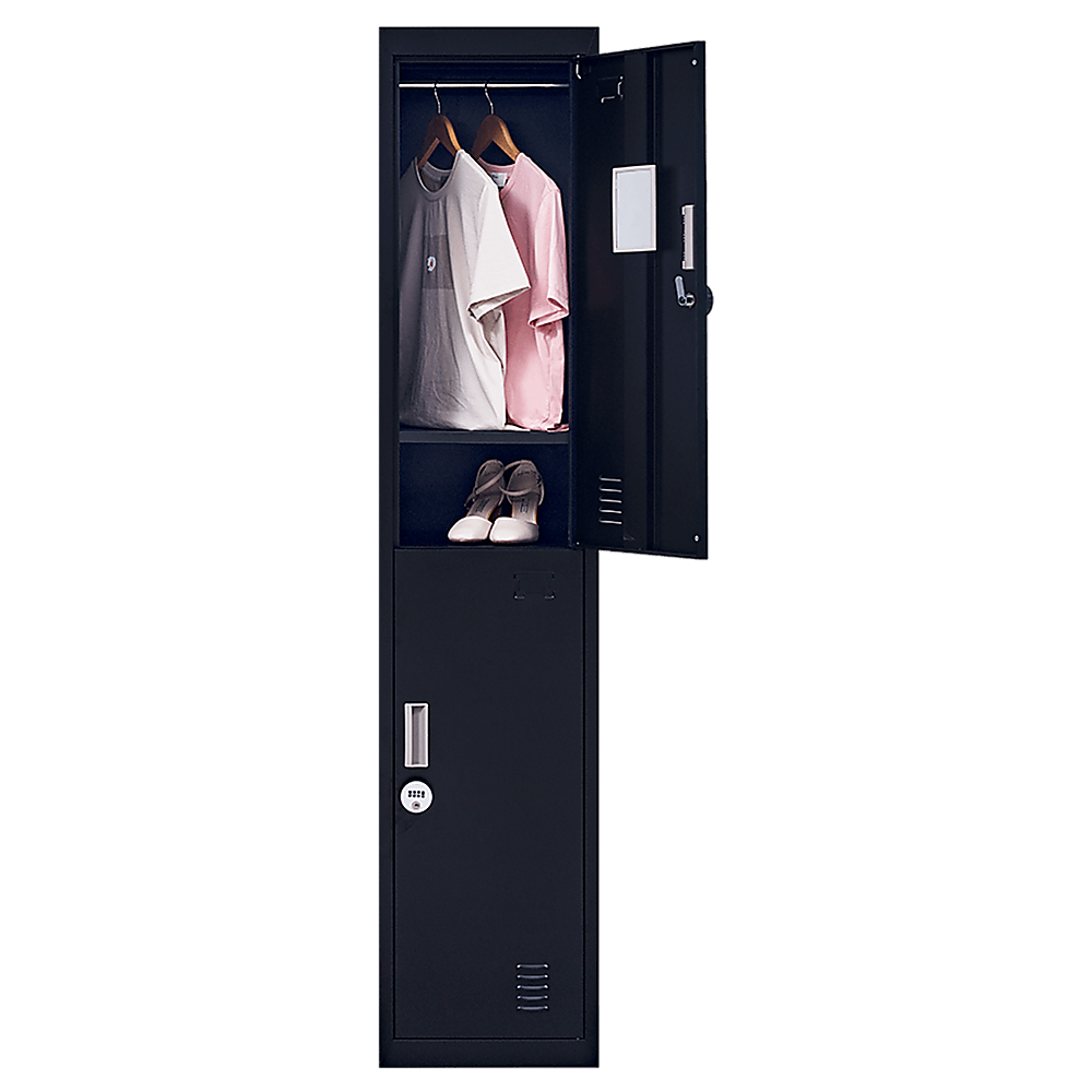 Affordable 2-door vertical locker for office, gym, school, and home storage with hanging space and shelf.