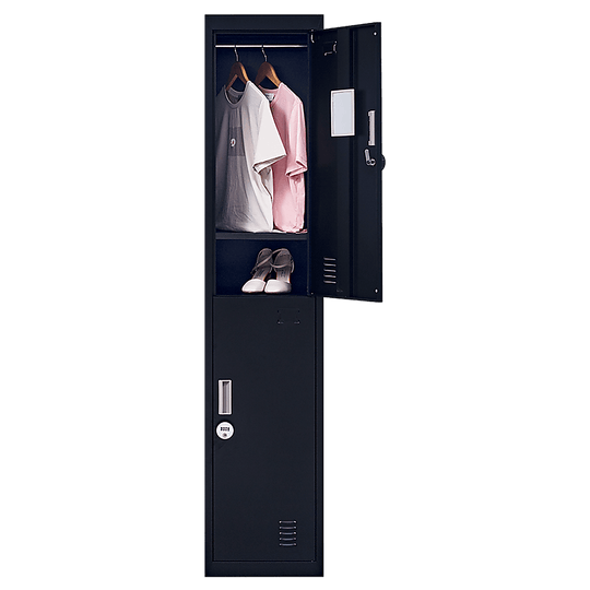 Affordable 2-door vertical locker for office, gym, school, and home storage with hanging space and shelf.