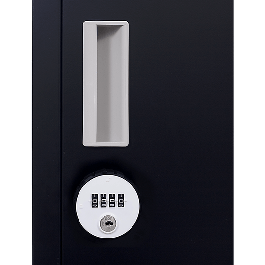 Close-up of a secure lock and handle on a 2-door vertical locker for reliable storage.