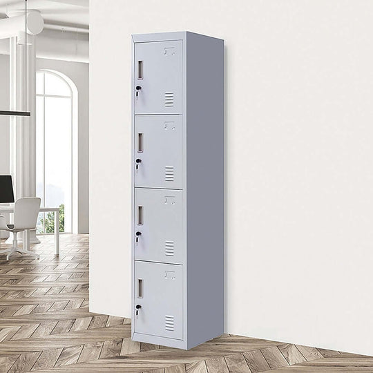 4-Door vertical storage locker for office or gym, affordable quality solution for personal belongings.