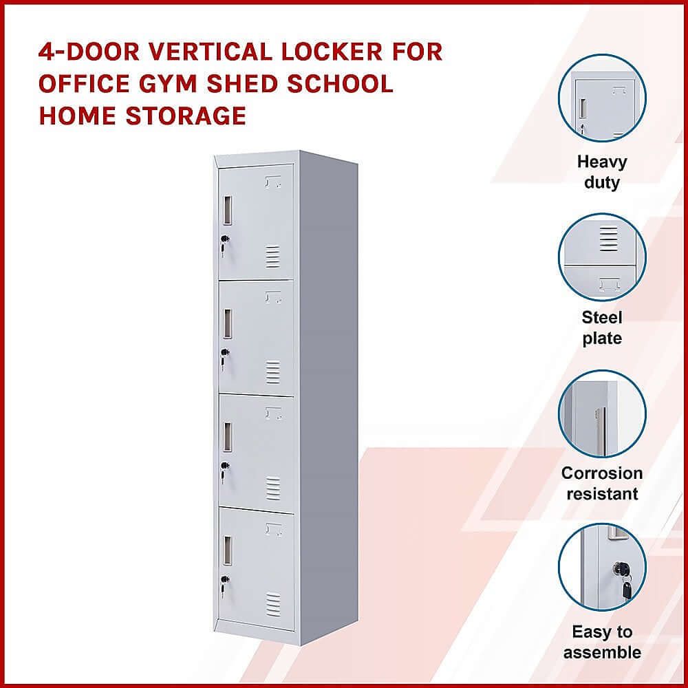 Affordable 4-door vertical locker for office, gym, or school storage, featuring heavy-duty steel and corrosion resistance.