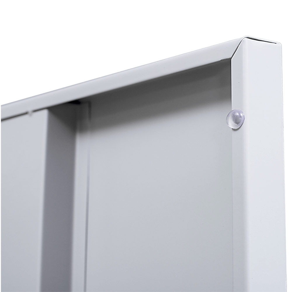 Close-up of the corner of a white metal 4-door vertical locker, showcasing quality and durability for storage solutions.