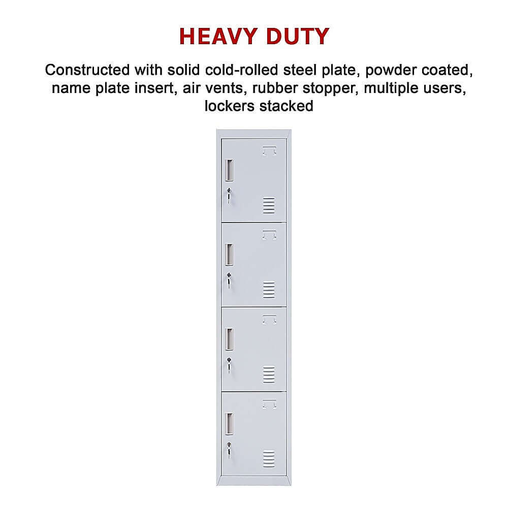 4-Door heavy duty locker made of steel, designed for multiple users, ideal for office, school, and gym storage solutions.