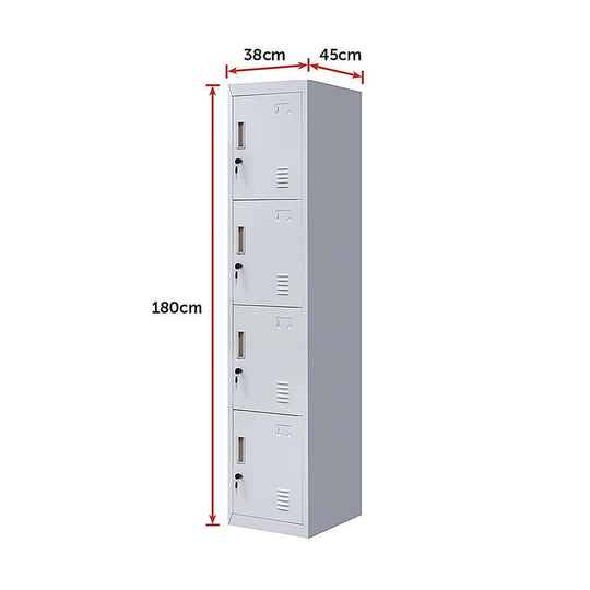 4-door vertical locker, 180cm high, 38cm wide, 45cm deep, ideal for affordable storage in offices and schools.