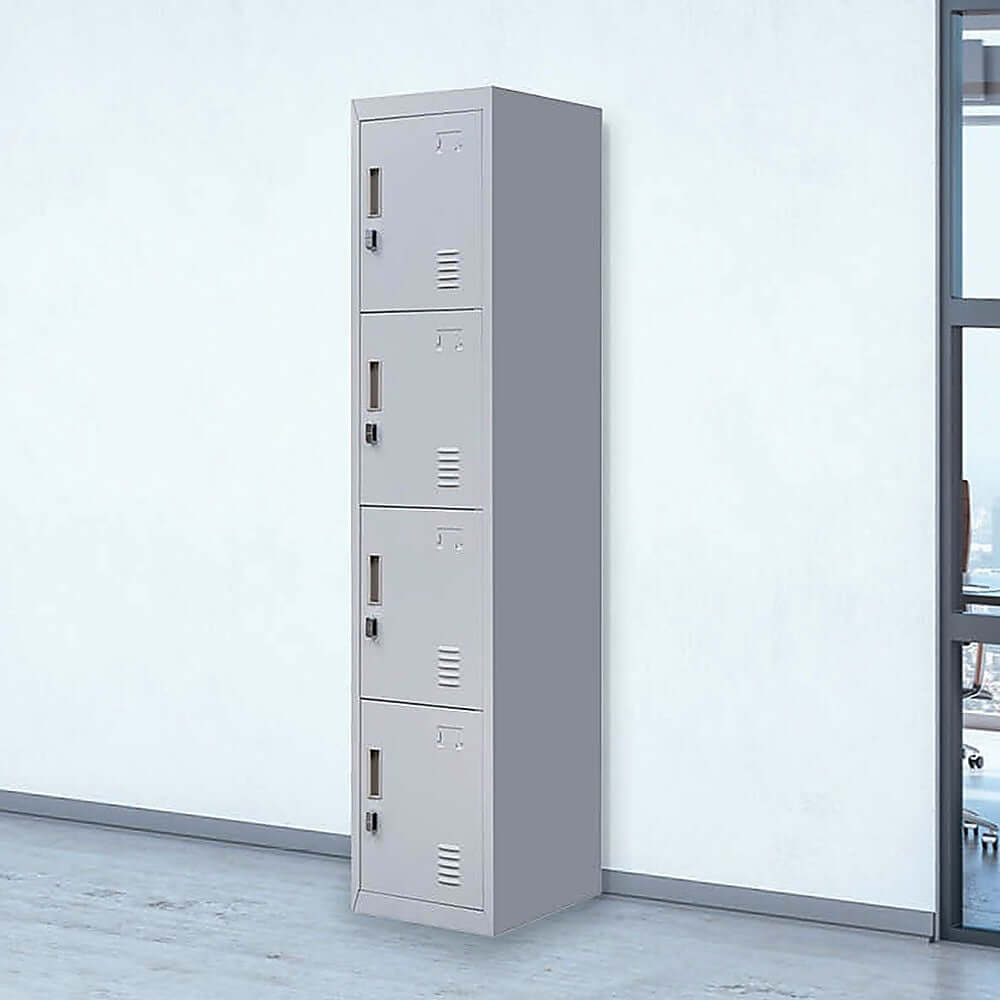 4-door vertical locker in a modern office setting, ideal for affordable storage solutions for school, gym, or home.