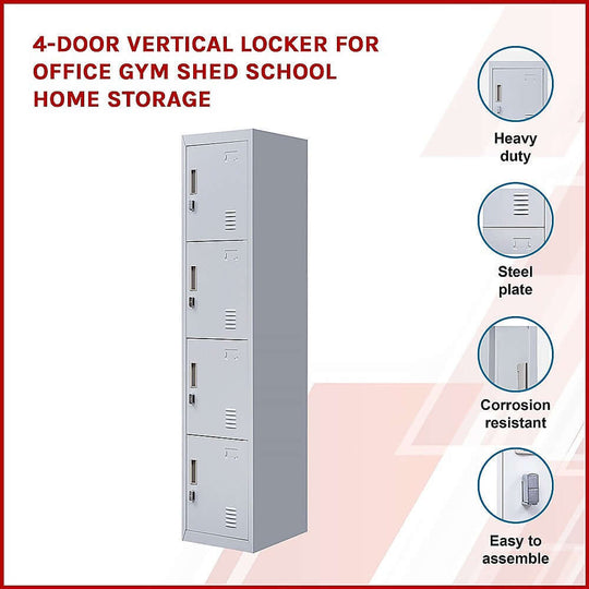 Affordable 4-Door Vertical Locker for Office, Gym, Shed or School Storage, heavy-duty and corrosion resistant.