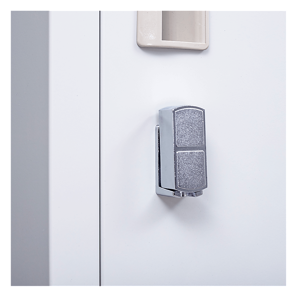 Close-up of a chrome padlock on a white 4-door locker, highlighting security features for personal storage.