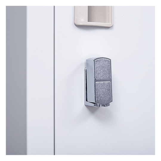 Close-up of a chrome padlock on a white 4-door locker, highlighting security features for personal storage.