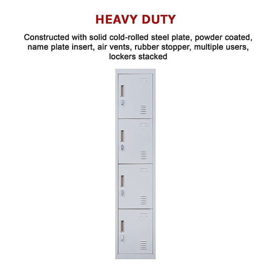 4-door heavy-duty vertical locker made of cold-rolled steel, ideal for schools and offices, provides secure storage for multiple users.