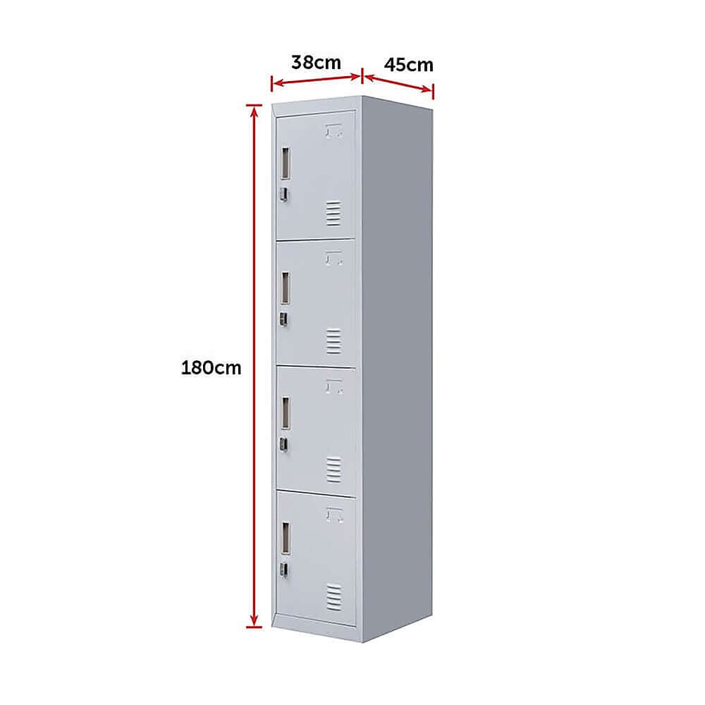 4-door vertical locker in grey, dimensions 180x38x45 cm, ideal for office, gym, school, and home storage.