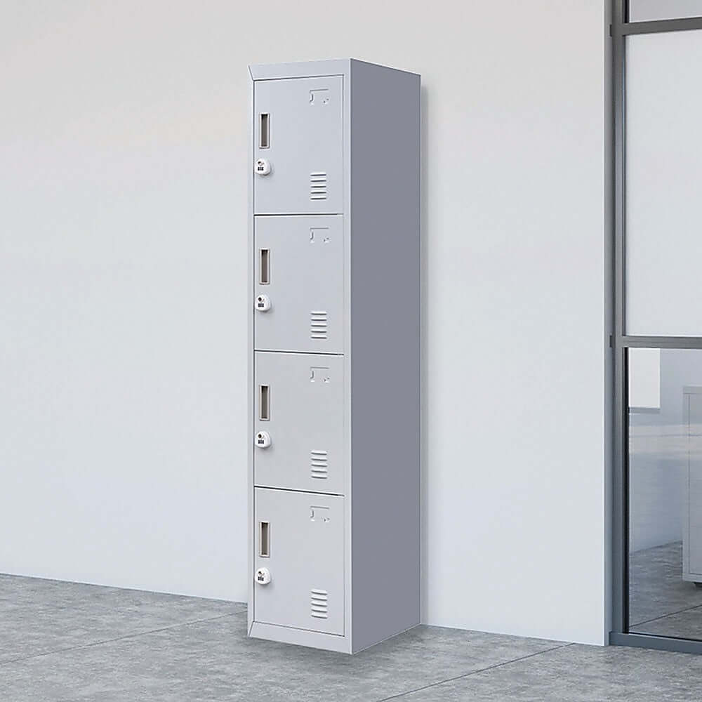 Affordable 4-door vertical locker for office, gym, or school storage with 3-digit combination locks.