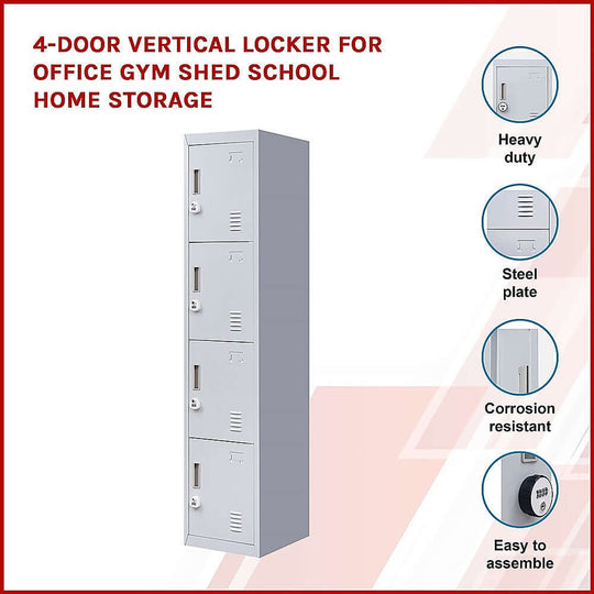 4-door vertical locker for office, gym, school, and home storage; heavy duty, corrosion resistant, easy to assemble.