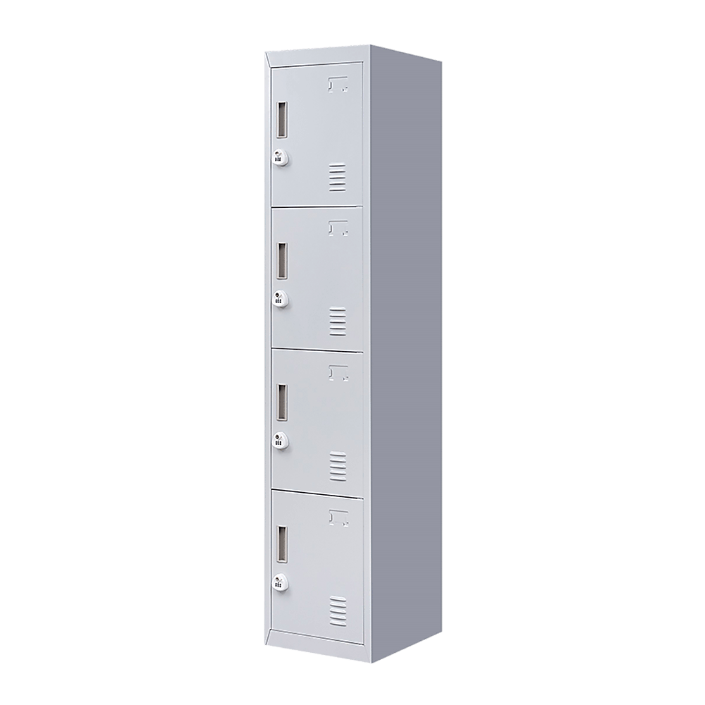 Affordable 4-door vertical locker for office, gym, or school storage, featuring quality design and 3-digit combination locks.