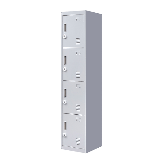 Affordable 4-door vertical locker for office, gym, or school storage, featuring quality design and 3-digit combination locks.