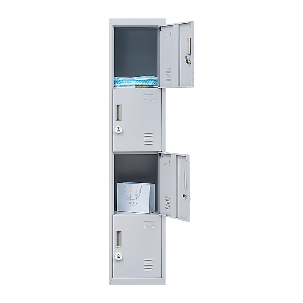 4-door vertical storage locker in gray for office, school, or gym use, featuring secure 3-digit combination locks.