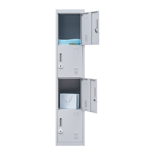 4-door vertical storage locker in gray for office, school, or gym use, featuring secure 3-digit combination locks.