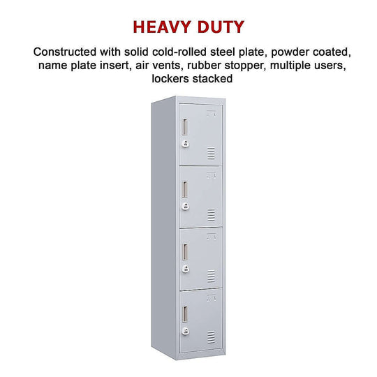 Heavy duty 4-door vertical locker made of cold-rolled steel, ideal for affordable storage in offices, schools, and gyms.