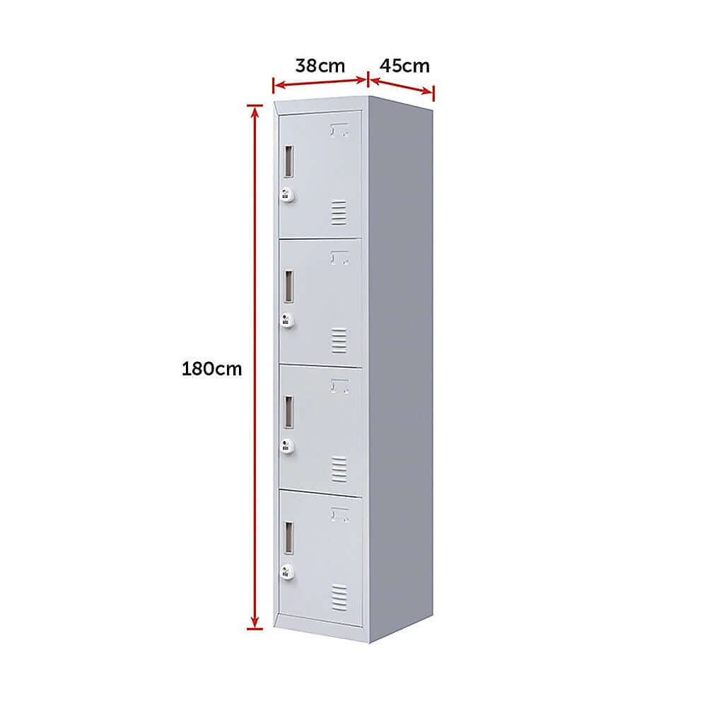 4-door vertical locker with dimensions 180cm height, 38cm width, and 45cm depth for affordable storage solutions.