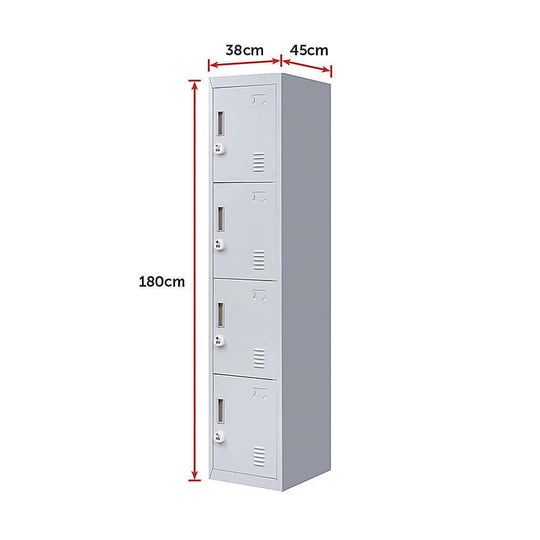 4-door vertical locker with dimensions 180cm height, 38cm width, and 45cm depth for affordable storage solutions.