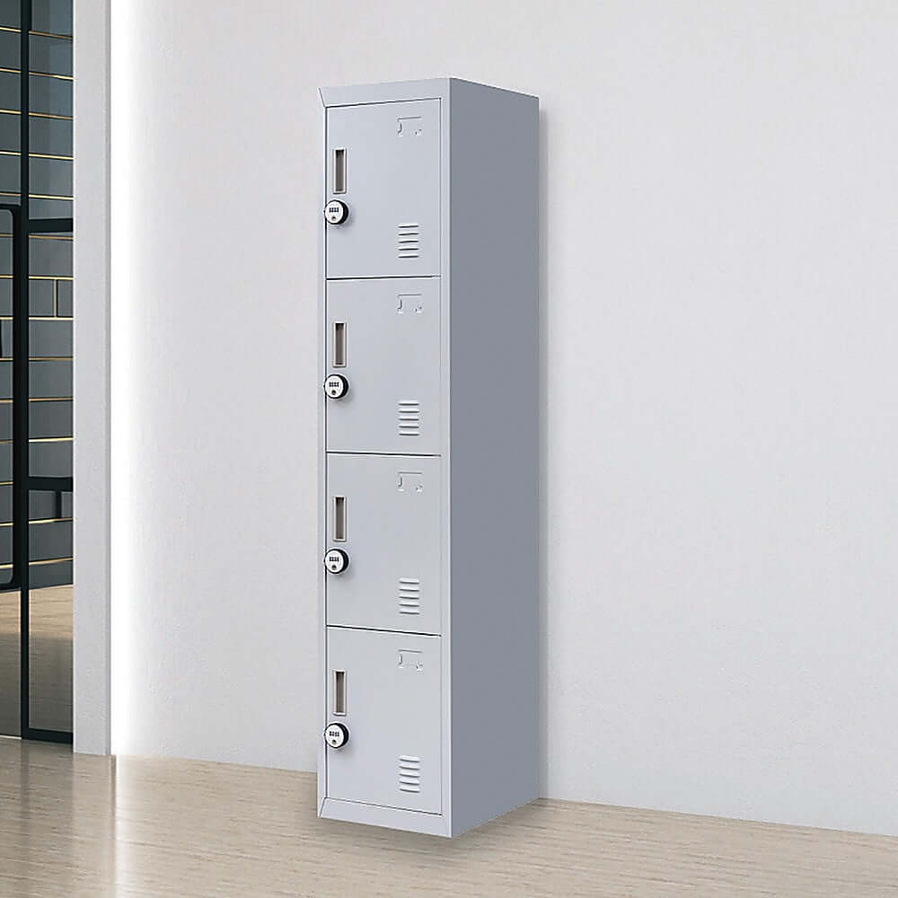 Affordable 4-door vertical storage locker for office, gym, or home use; sleek, quality design with combination locks.