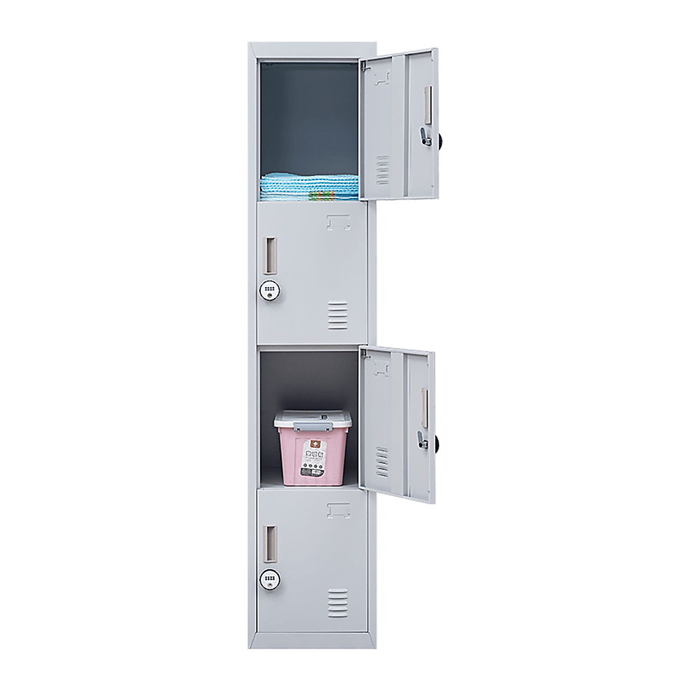 Slim, 4-Door Vertical Locker for affordable, quality storage in office, gym, or home, featuring combination lock.