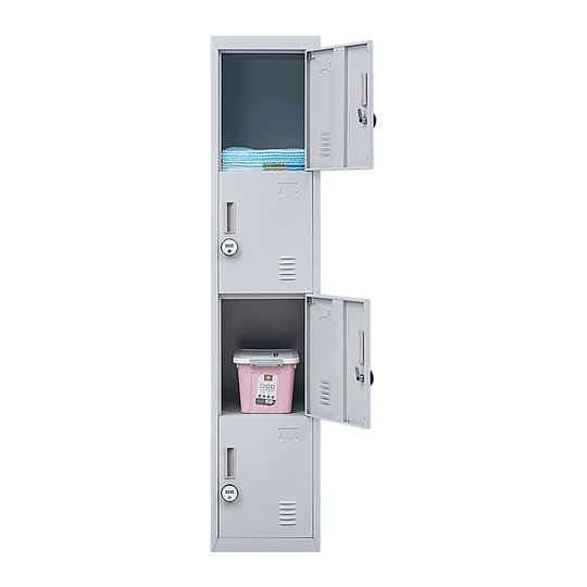 Slim, 4-Door Vertical Locker for affordable, quality storage in office, gym, or home, featuring combination lock.