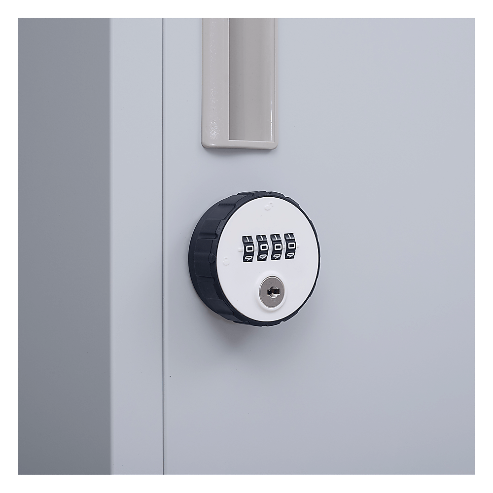 Close-up of a 4-digit combination lock on a slim storage locker, ensuring affordable and secure storage solutions.