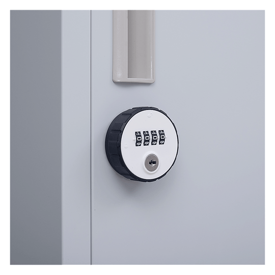 Close-up of a 4-digit combination lock on a slim storage locker, ensuring affordable and secure storage solutions.