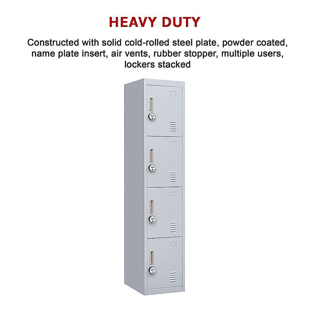 Heavy duty 4-door storage locker made of solid steel, perfect for office, gym, school, and personal belongings.